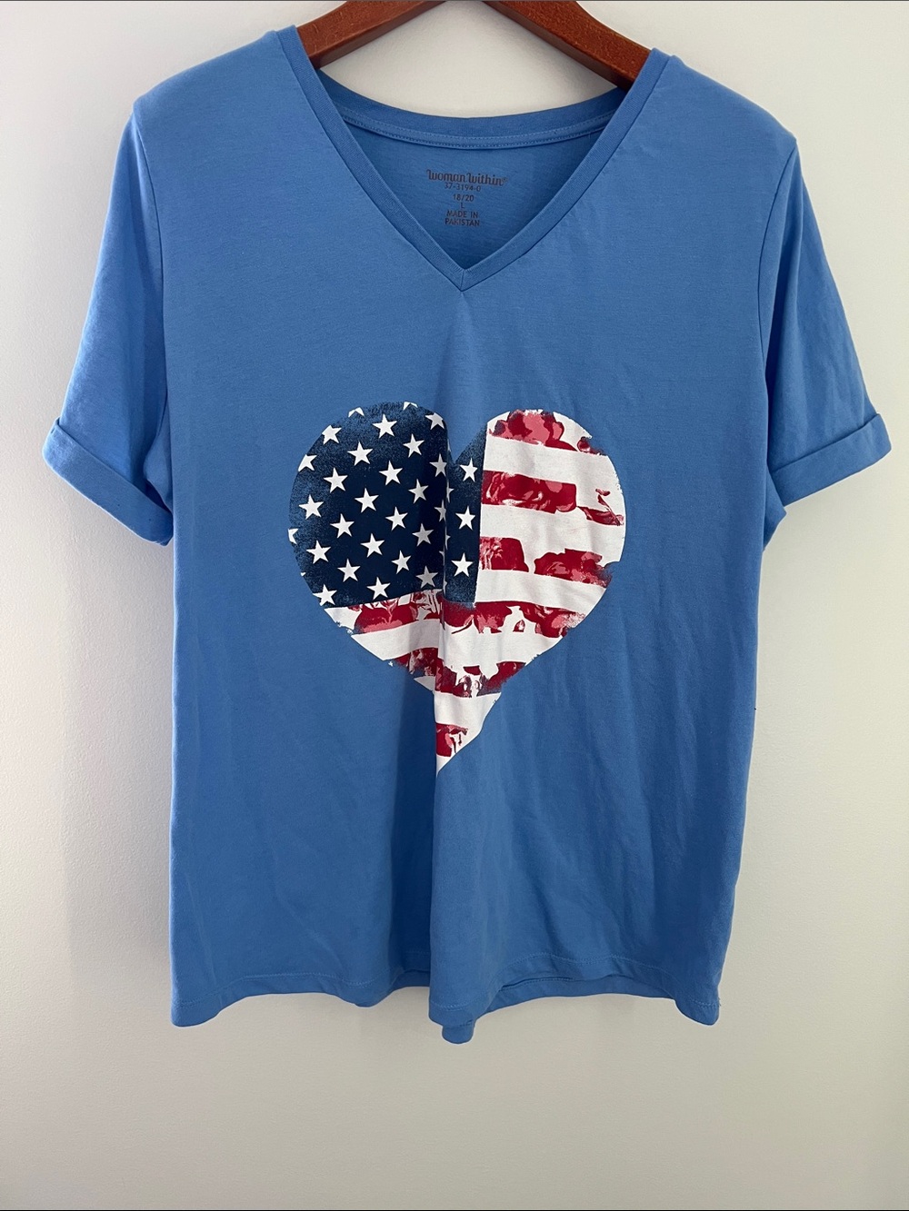 Woman Within | Blue Short Sleeve V-Neck Tee with American Flag Heart Size 18/20